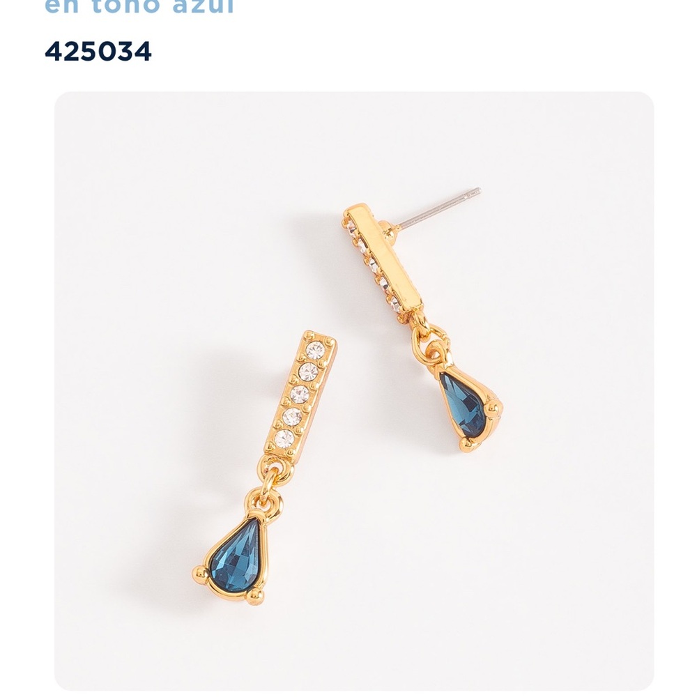 Gold and Blue Crystal Drop Earrings with Teardrop Design